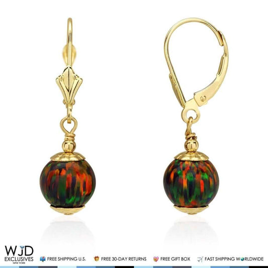 14K Yellow Gold 8mm Ball Shaped Black Fire Opal Leverback Dangle Earrings