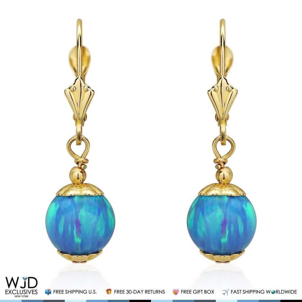 14K Yellow Gold 8mm Ball Shaped Blue Fire Opal Leverback Dangle Earrings