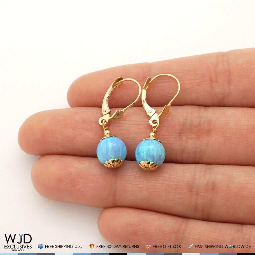 14K Yellow Gold 8mm Ball Shaped Blue Fire Opal Leverback Dangle Earrings