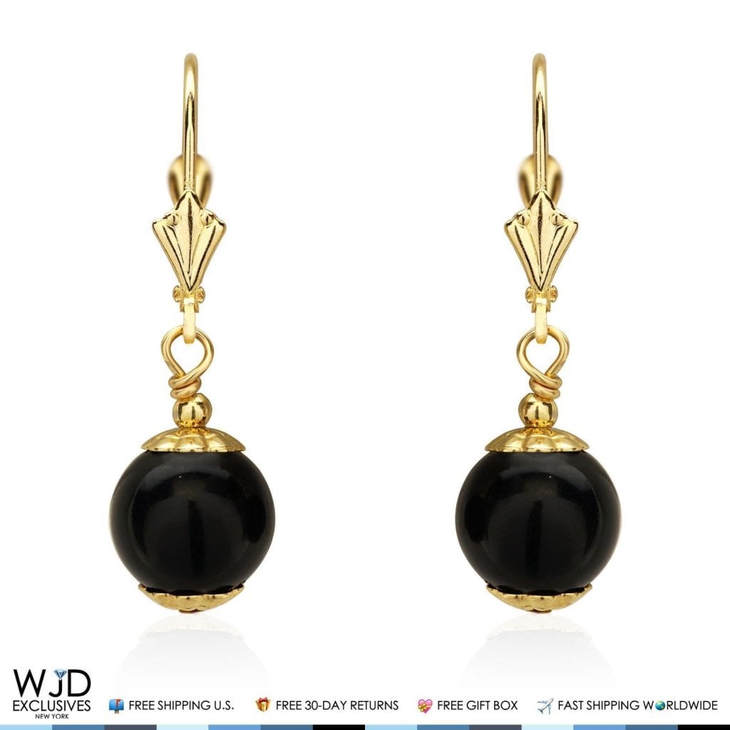 14K Solid Yellow Gold 8 mm Ball Shaped Onyx Leverback Dangle Drop Earrings