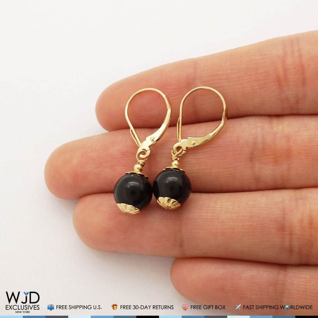 14K Solid Yellow Gold 8 mm Ball Shaped Onyx Leverback Dangle Drop Earrings