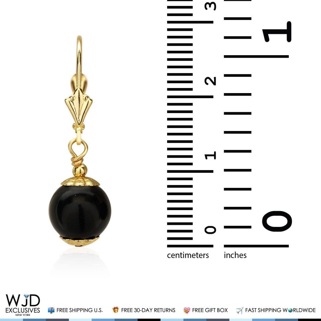 14K Solid Yellow Gold 8 mm Ball Shaped Onyx Leverback Dangle Drop Earrings