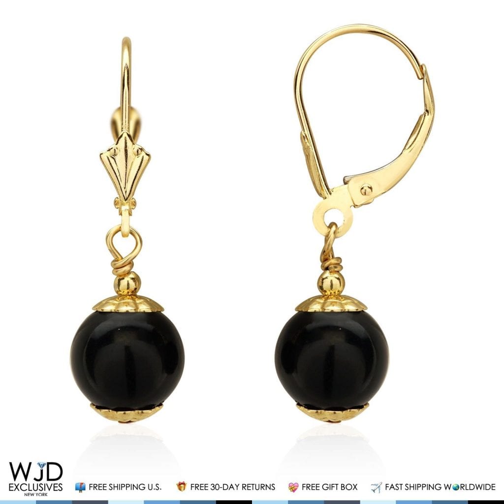 14K Solid Yellow Gold 8 mm Ball Shaped Onyx Leverback Dangle Drop Earrings