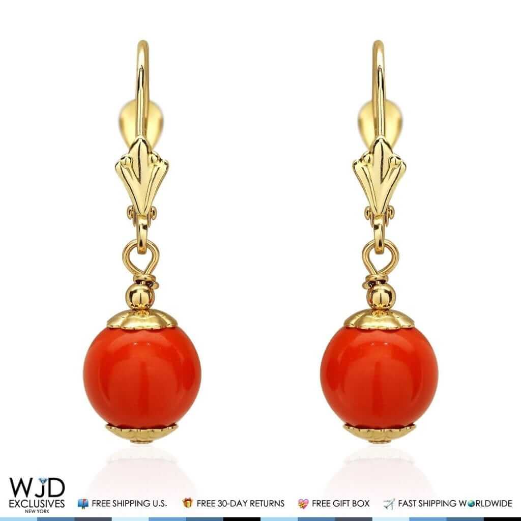14K Yellow Gold 8mm Ball Shaped Orange Coral Leverback Dangle Earrings
