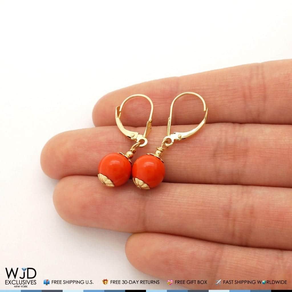 14K Solid Yellow Gold 8 mm Ball Shaped Orange Coral Leverback Dangle Earrings