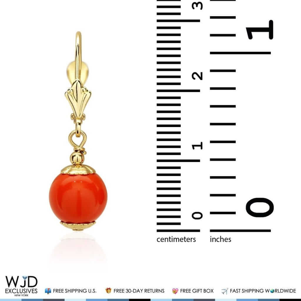 14K Yellow Gold 8mm Ball Shaped Orange Coral Leverback Dangle Earrings
