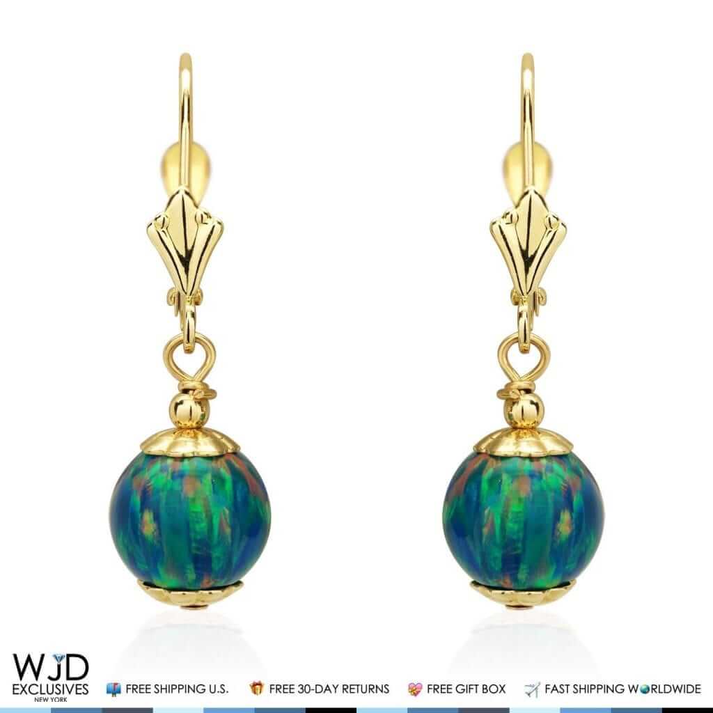 14K Yellow Gold 8mm Ball Shaped Teal Fire Opal Leverback Dangle Earrings
