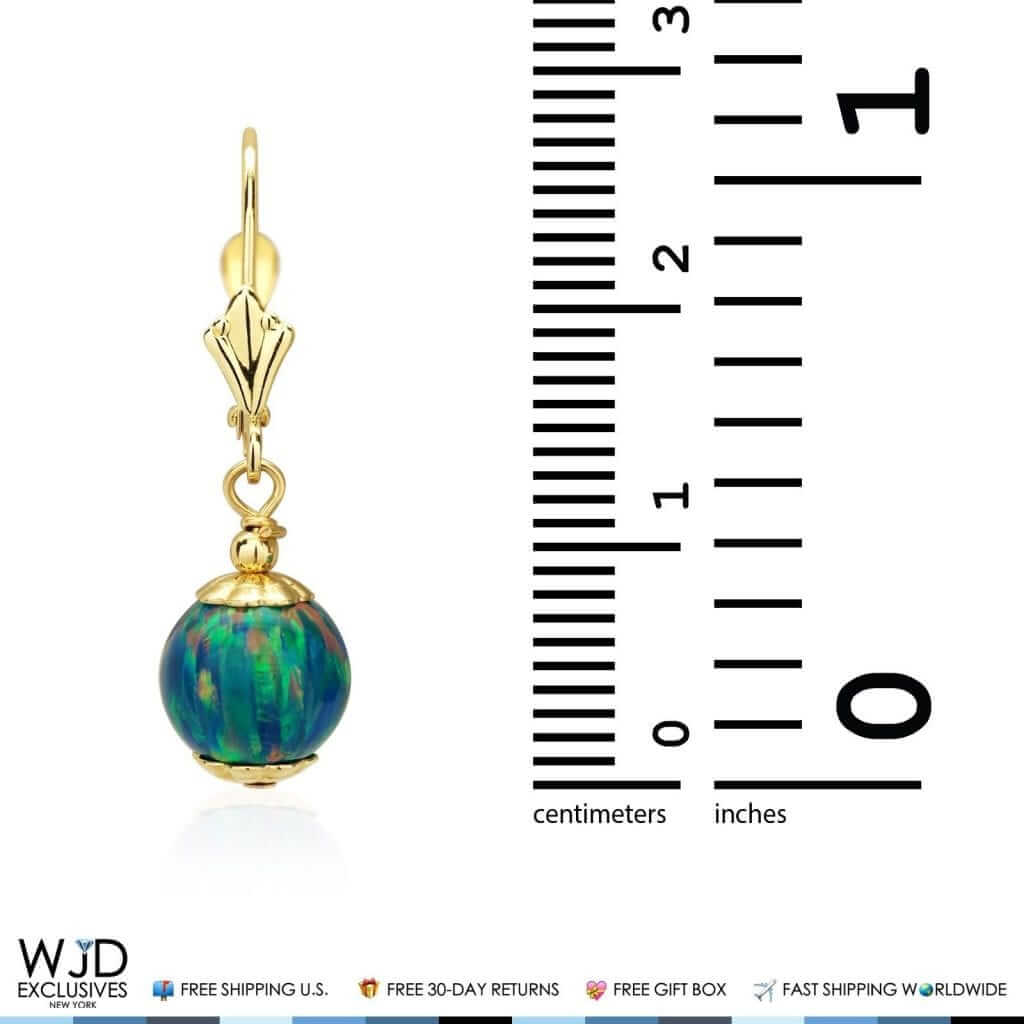 14K Yellow Gold 8mm Ball Shaped Teal Fire Opal Leverback Dangle Earrings