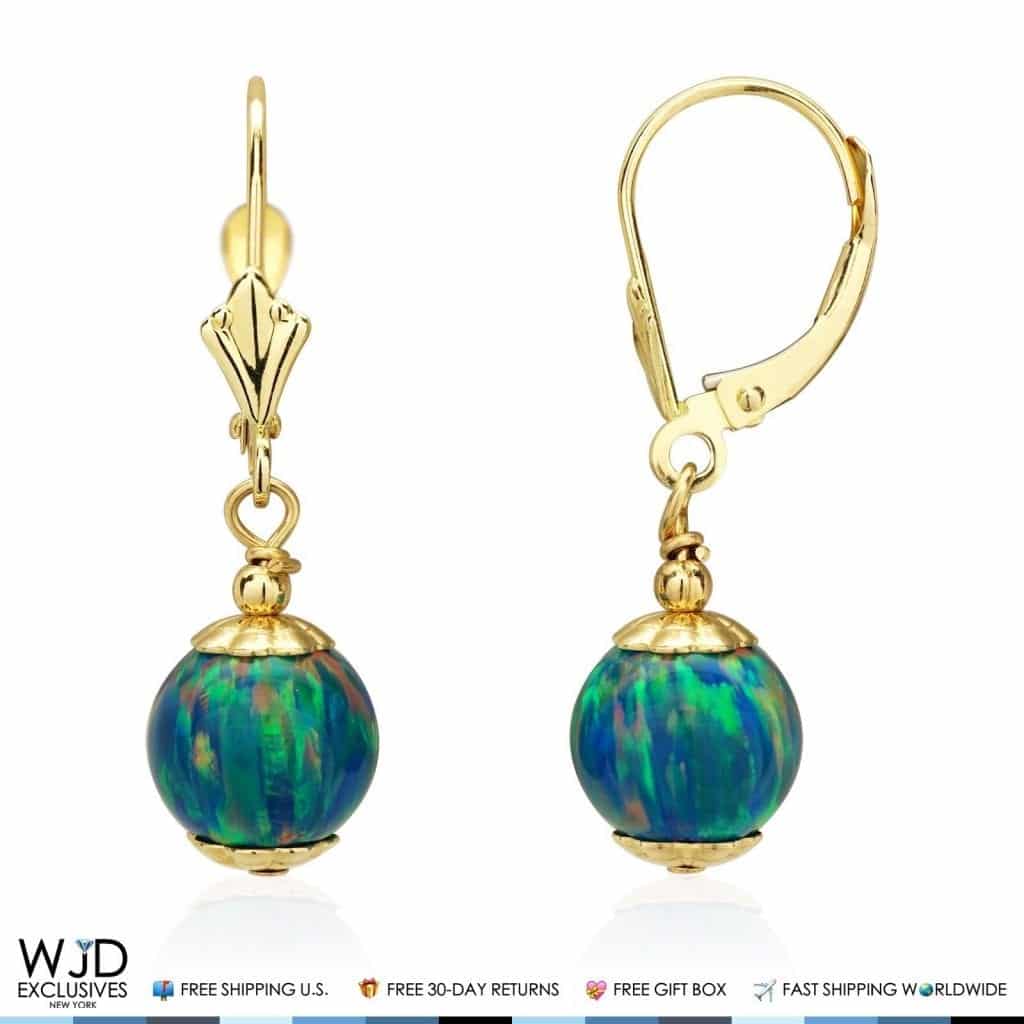 14K Solid Yellow Gold 8 mm Ball Shaped Teal Fire Opal Leverback Dangle Earrings