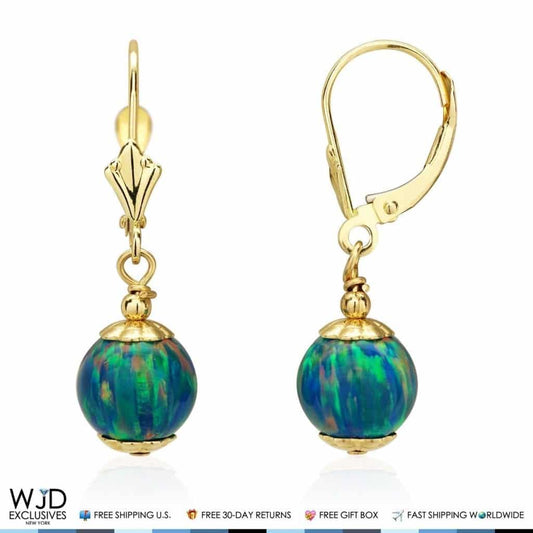 14K Yellow Gold 8mm Ball Shaped Teal Fire Opal Leverback Dangle Earrings