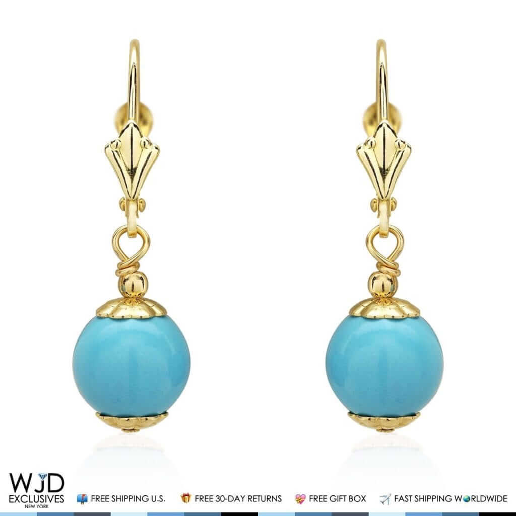 Solid 14K Gold 8mm Ball Turquoise Leverback Dangle Drop Earrings 30mm
