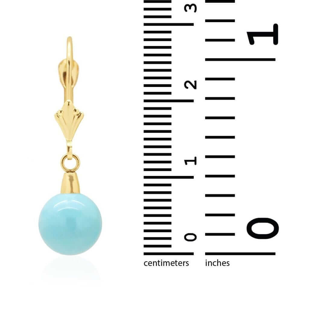 14k Yellow Gold Sky Blue Turquoise Ball Drop Leverback Earrings 6mm-10mm