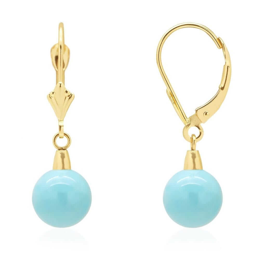 14k Yellow Gold Sky Blue Turquoise Ball Drop Leverback Earrings 6mm-10mm