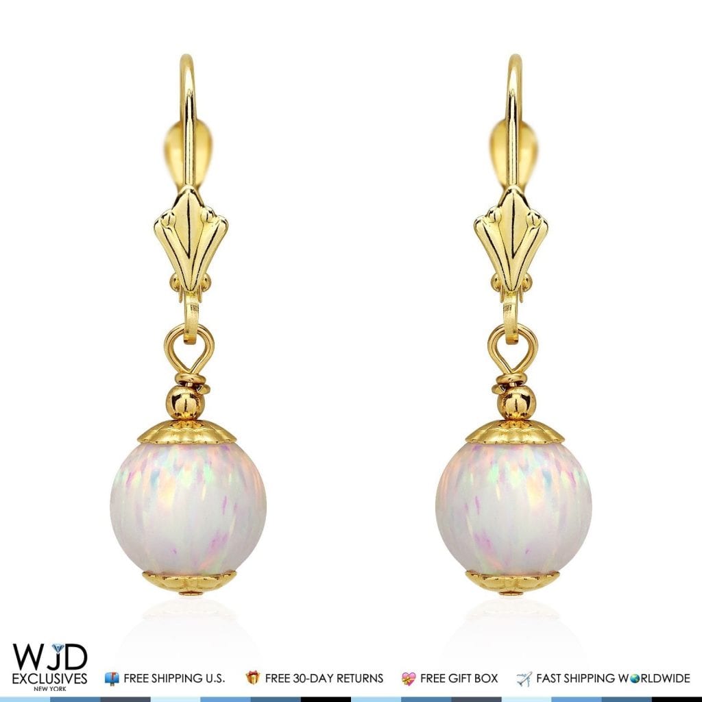 14K Solid Yellow Gold 8 mm Ball Shaped White Fire Opal Leverback Dangle Earrings