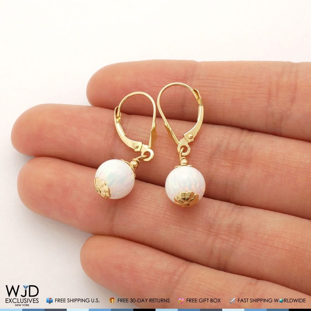 14K Solid Yellow Gold 8 mm Ball Shaped White Fire Opal Leverback Dangle Earrings