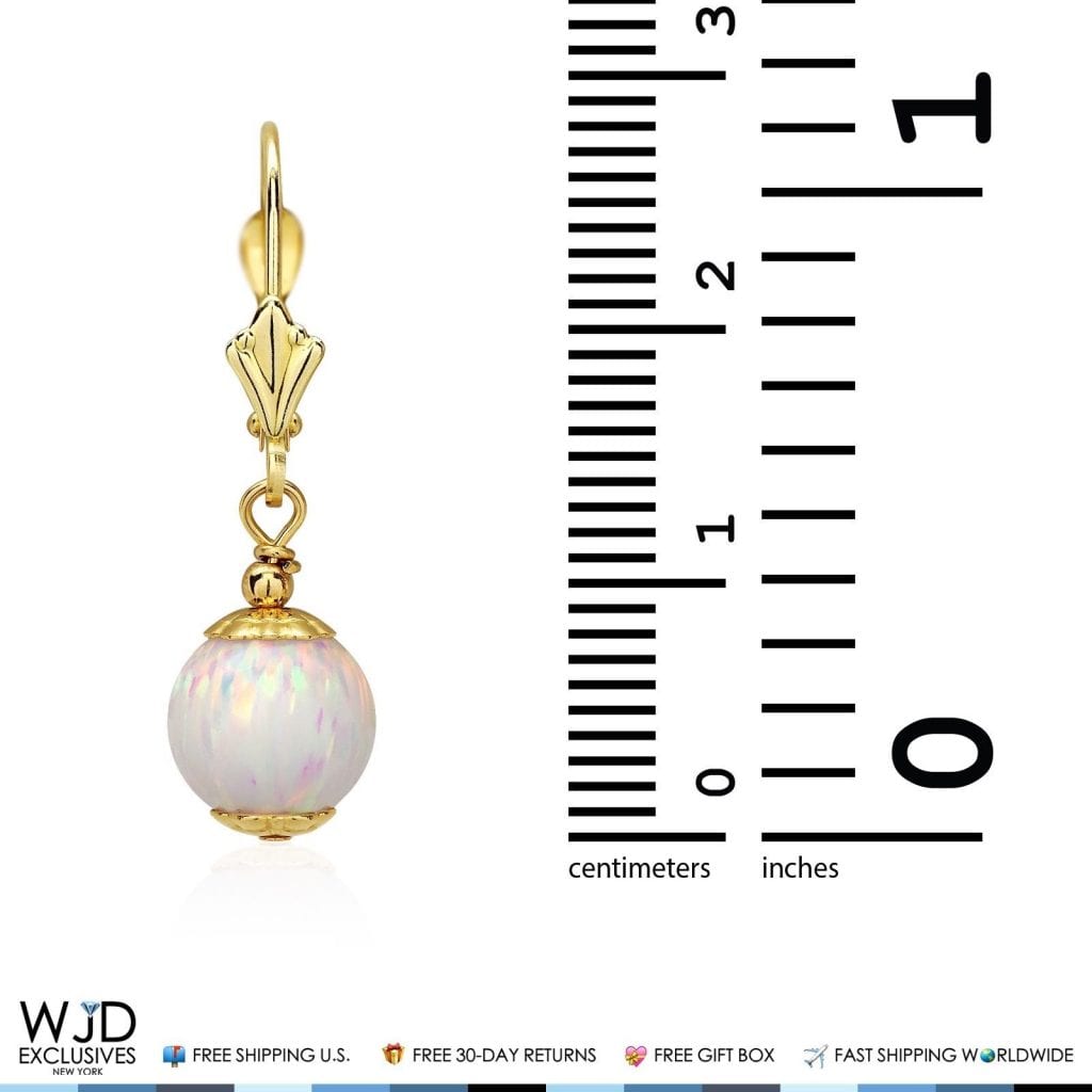 14K Solid Yellow Gold 8 mm Ball Shaped White Fire Opal Leverback Dangle Earrings