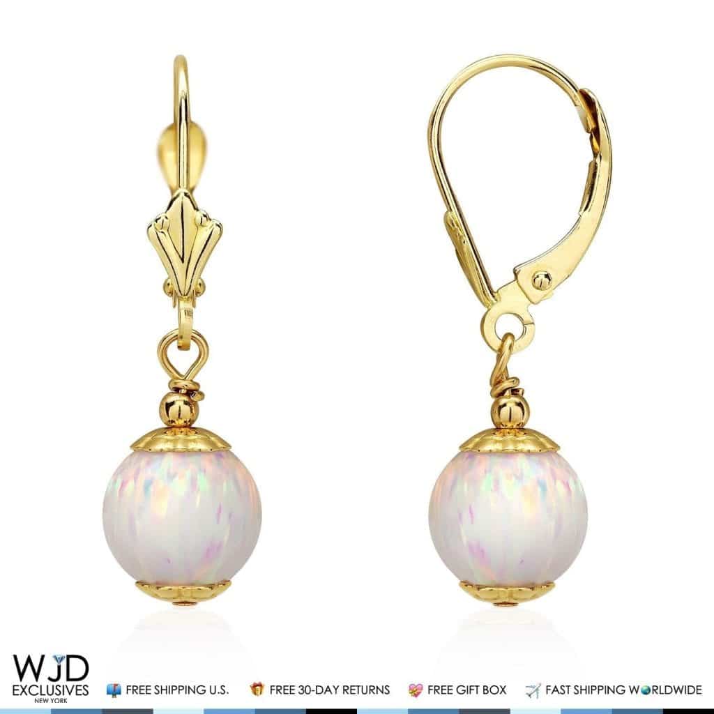 14K Solid Yellow Gold 8 mm Ball Shaped White Fire Opal Leverback Dangle Earrings