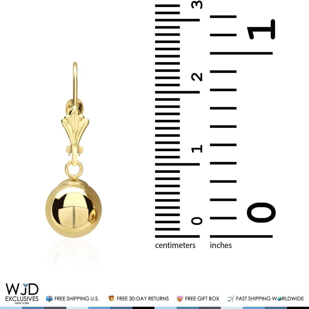14K Yellow Gold Leverback 8mm Ball Dangle Drop Earrings
