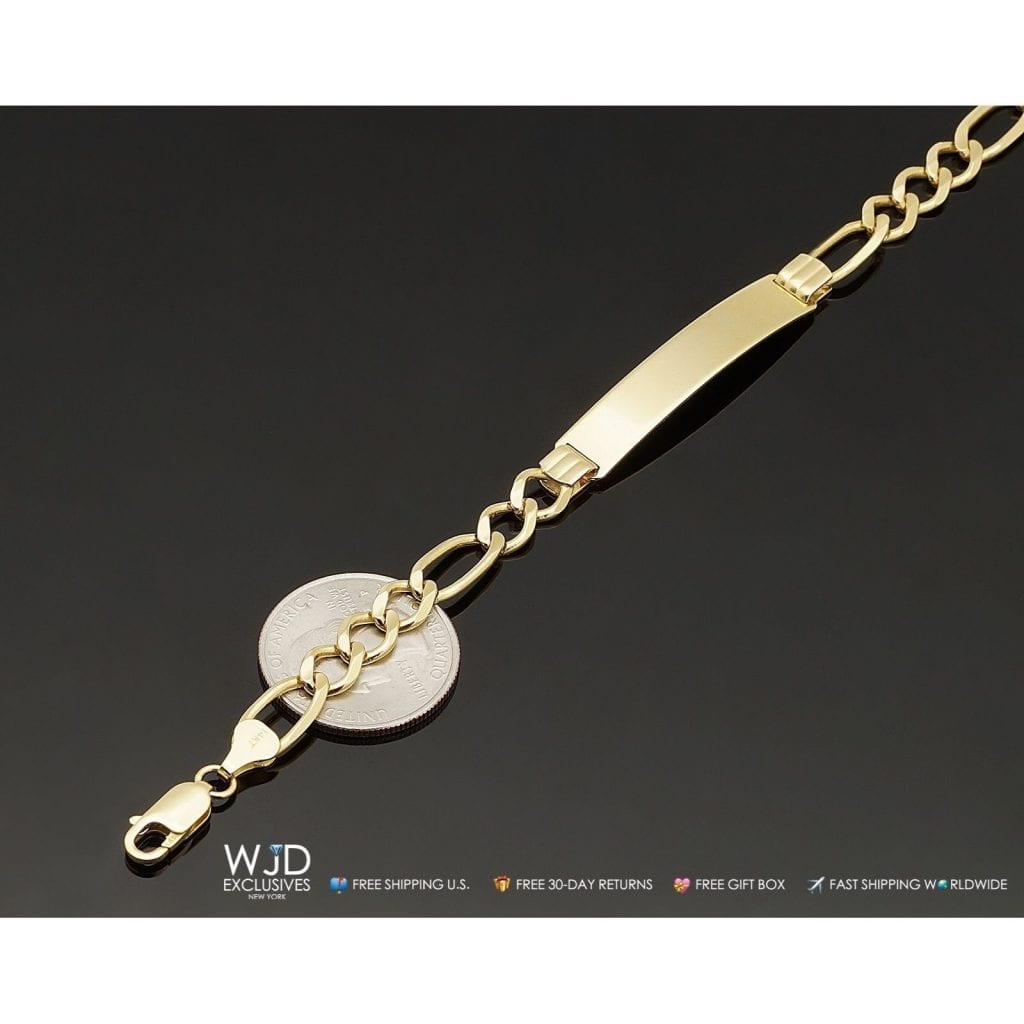Engravable 14K Gold Yellow 7.5mm Wide Figaro Personalized ID Bracelet 8"