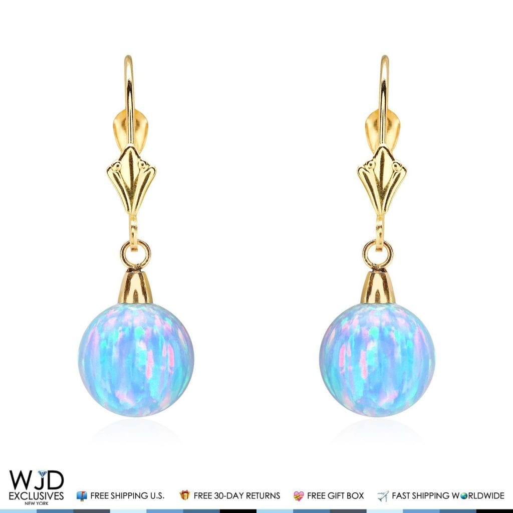 14K Solid Yellow Gold 9 mm Ball Shaped Blue Fire Opal Leverback Dangle Earrings