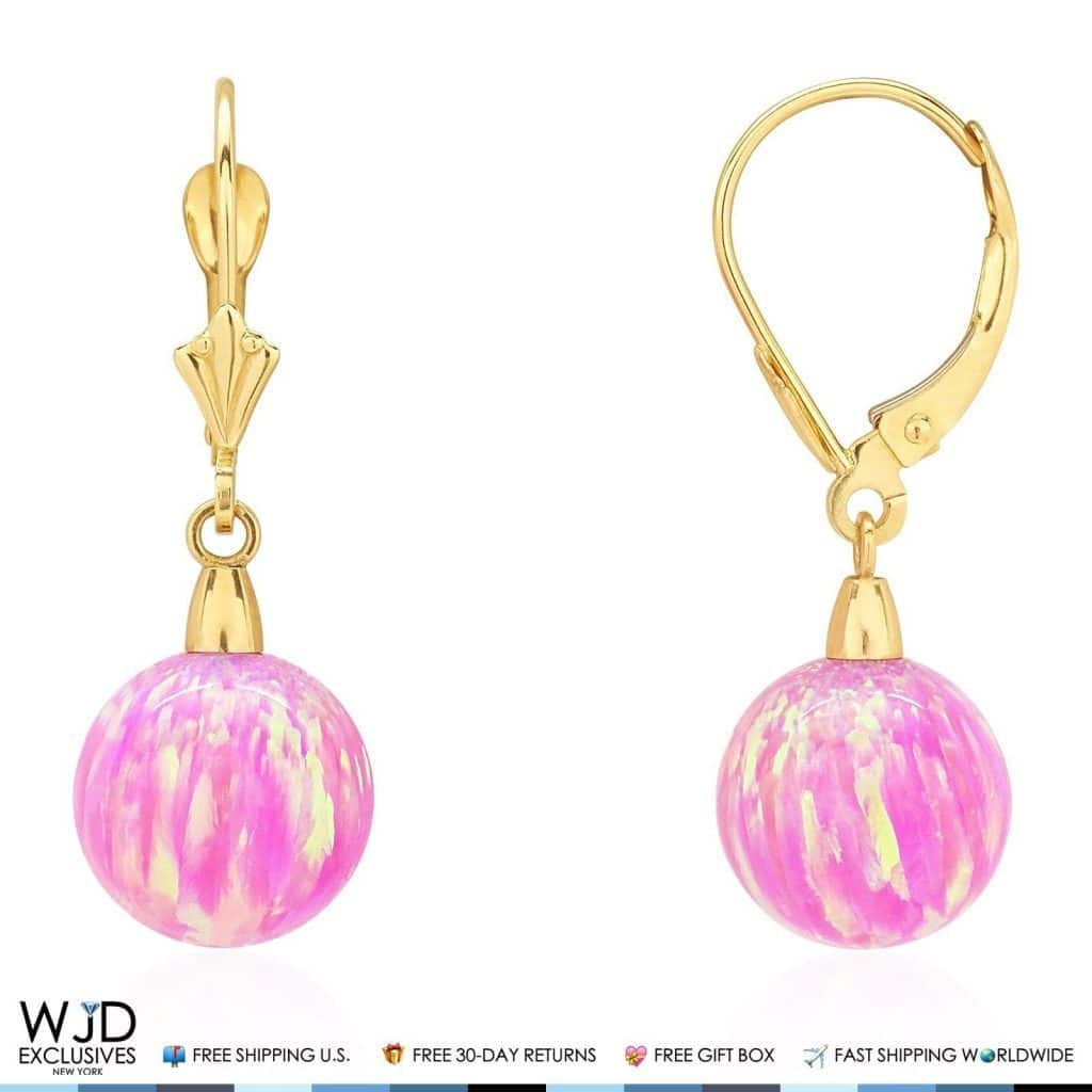 6mm-10mm Ball Shaped Pink Fire Opal Leverback Dangle Earrings 14K Yellow Gold
