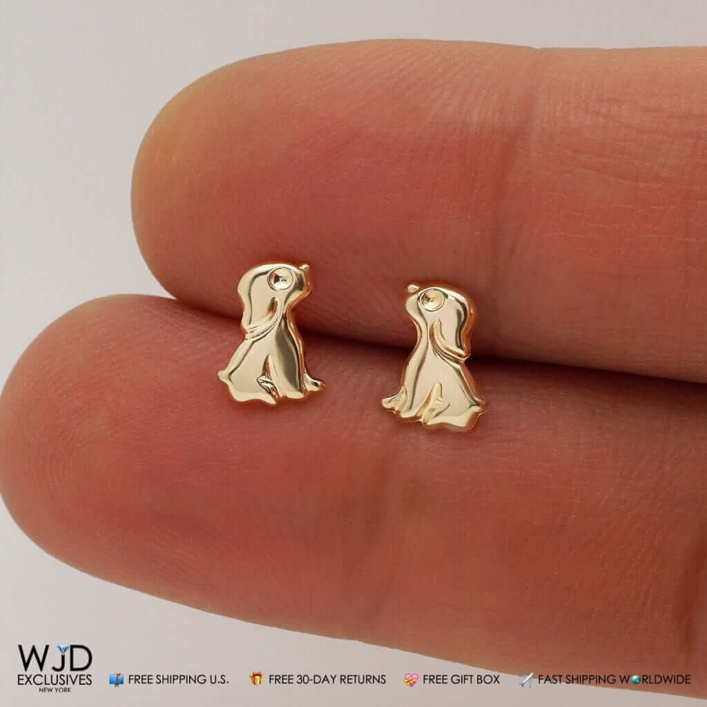 14K Solid Yellow Gold 9mm Children's Sitting Dog Puppy Pushback Stud Earrings
