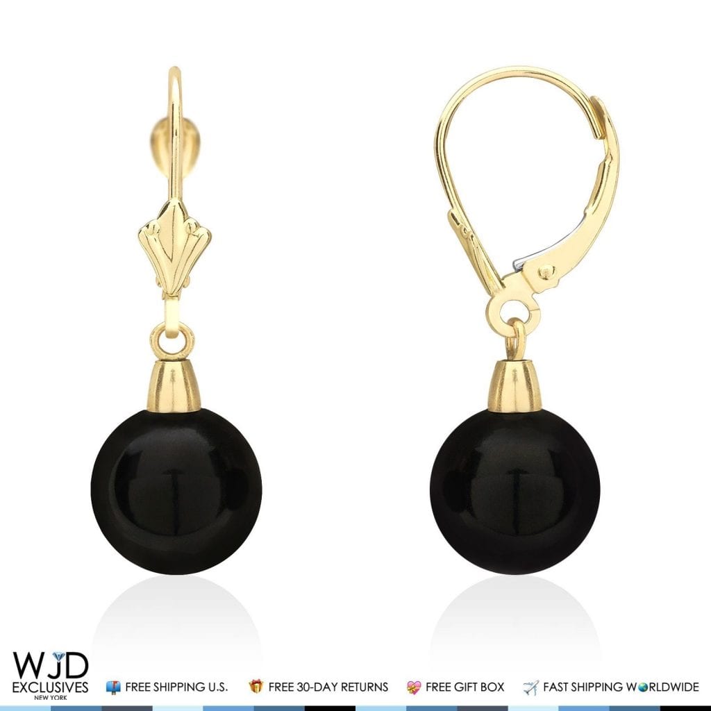 6mm-10mm Diameter Ball Shaped Onyx Dangle Leverback Earrings 14K Yellow Gold