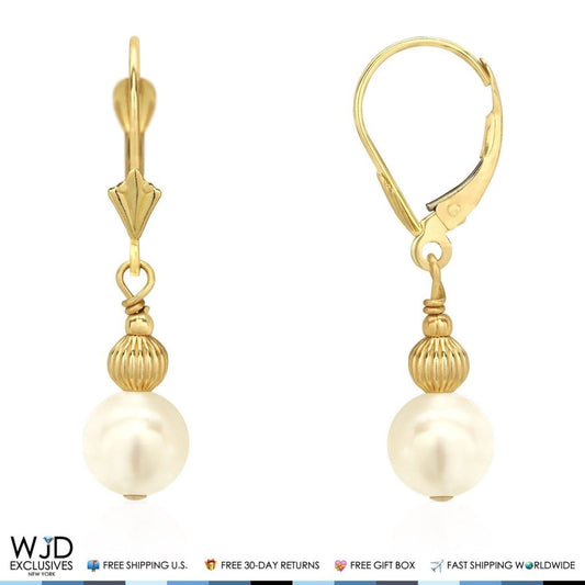 14K Yellow Gold 7mm Ball Pearl Dangle Drop Leverback Earrings