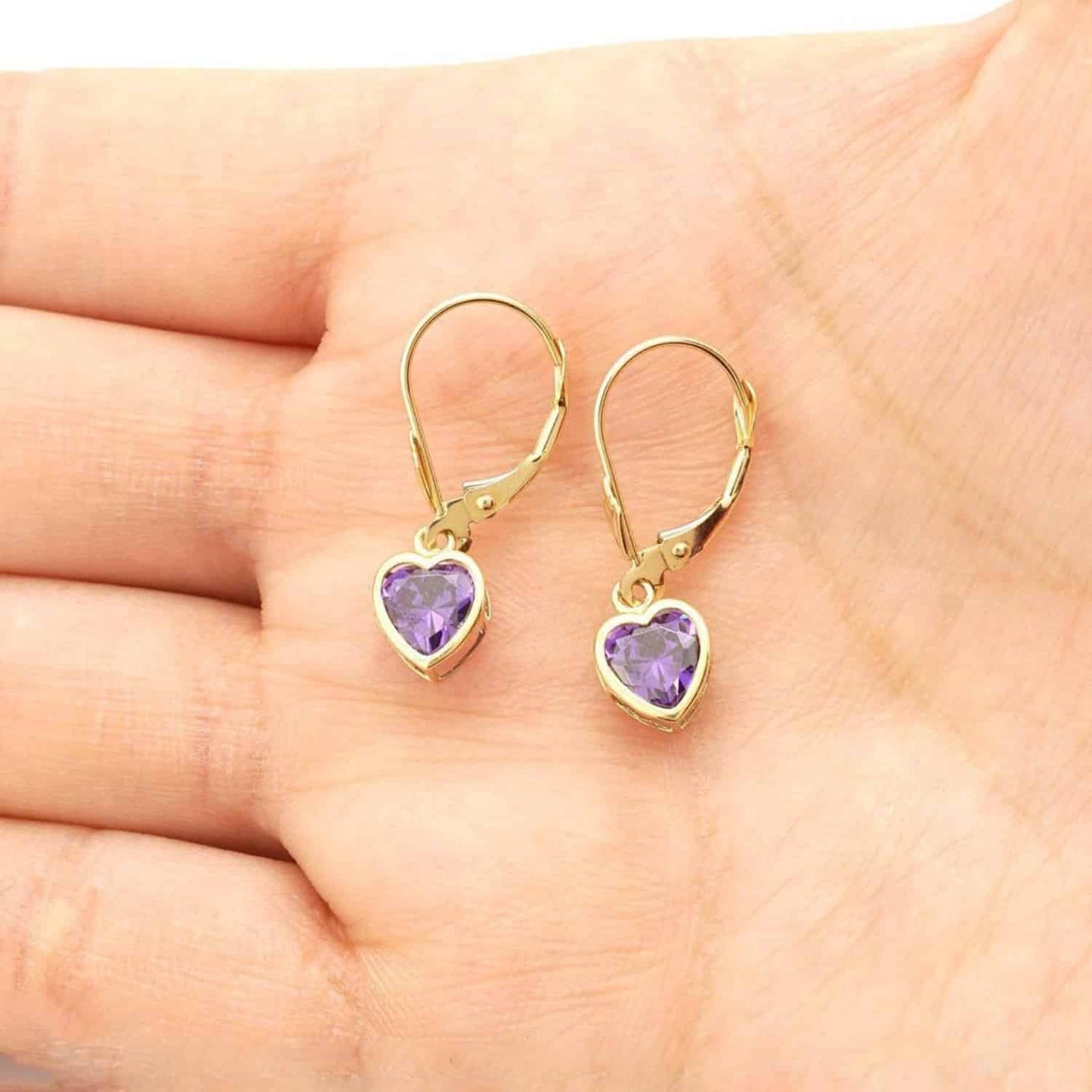 14K Yellow Gold Bezel Set Heart Shaped Birthstone Dangle Leverback Earrings