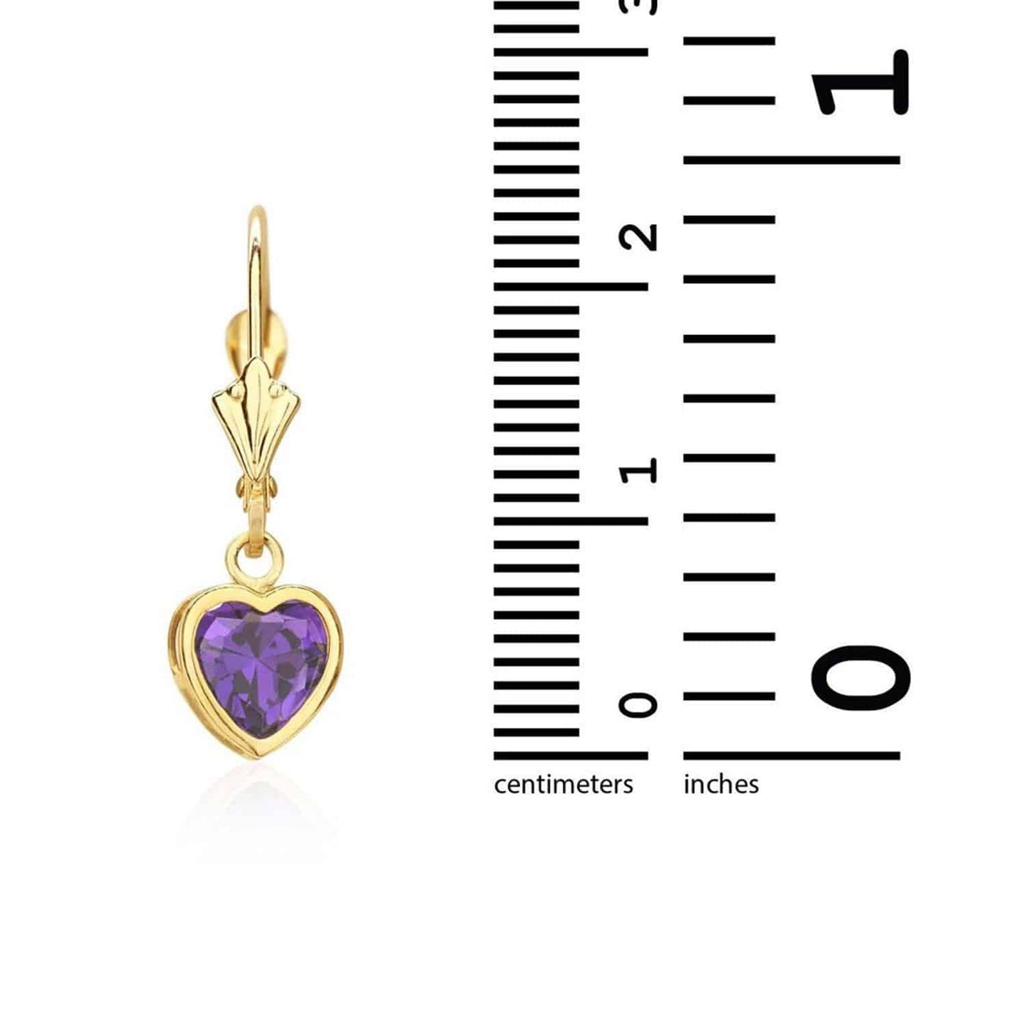 14K Yellow Gold Bezel Set Heart Shaped Birthstone Dangle Leverback Earrings