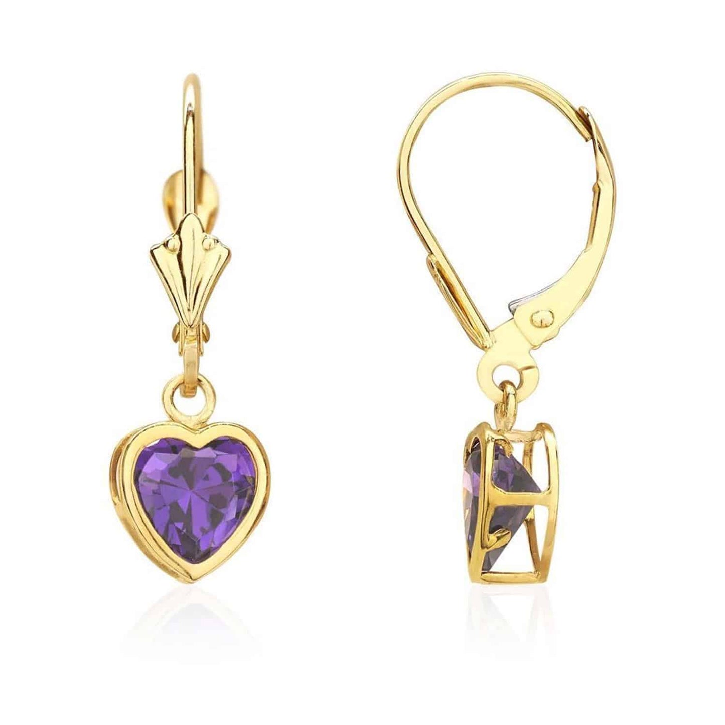 14K Yellow Gold Bezel Set Heart Shaped Birthstone Dangle Leverback Earrings