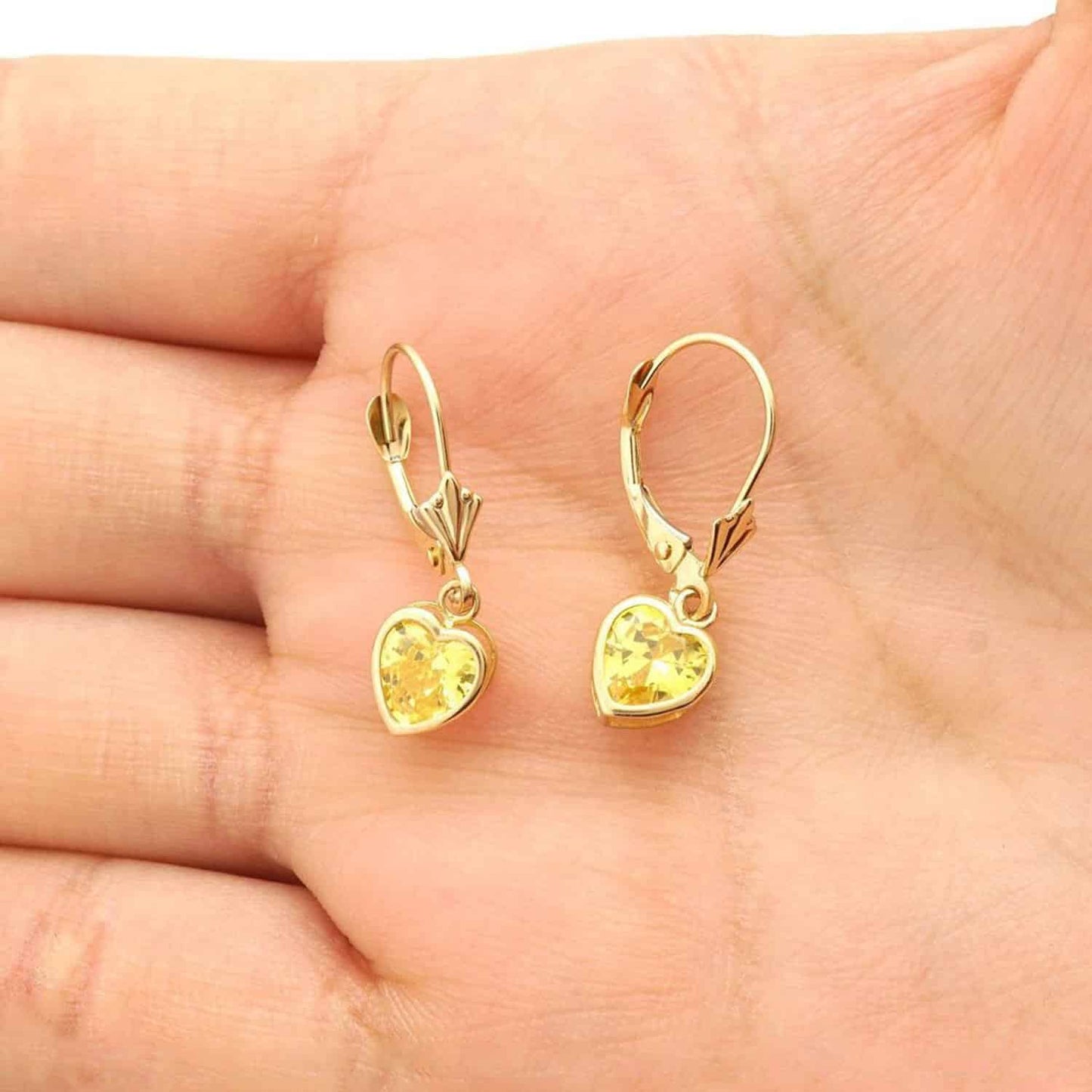 14K Yellow Gold Bezel Set Heart Shaped Birthstone Dangle Leverback Earrings