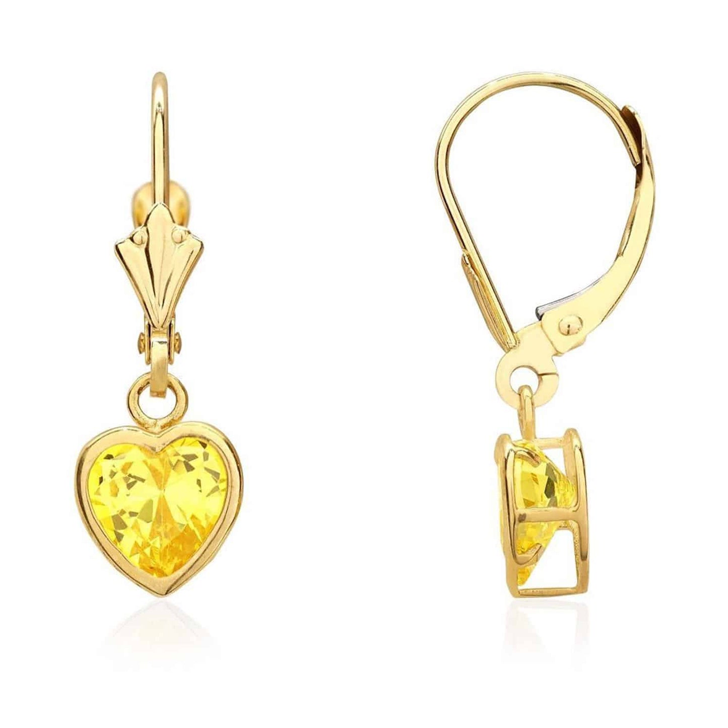 14K Yellow Gold Bezel Set Heart Shaped Birthstone Dangle Leverback Earrings