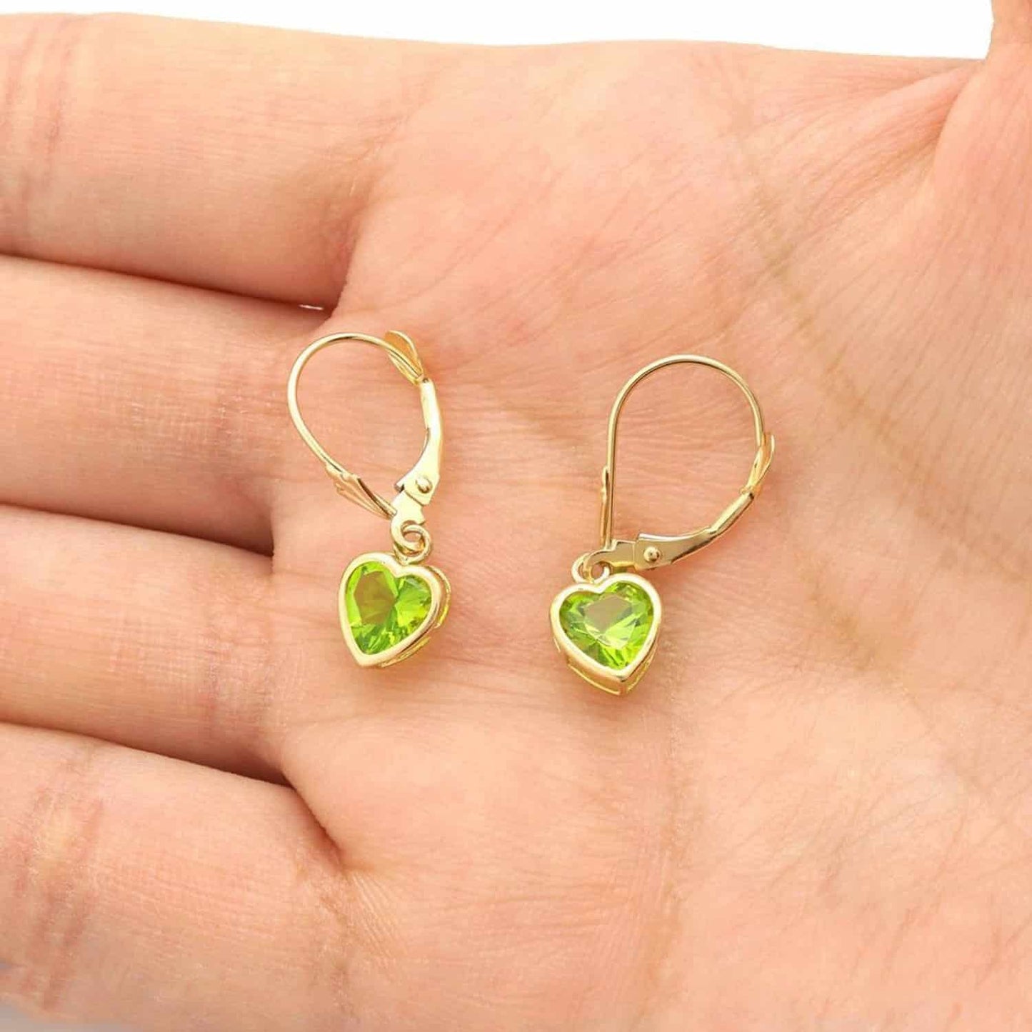 14K Yellow Gold Bezel Set Heart Shaped Birthstone Dangle Leverback Earrings
