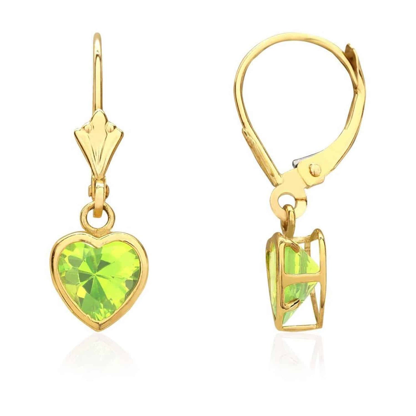 14K Yellow Gold Bezel Set Heart Shaped Birthstone Dangle Leverback Earrings