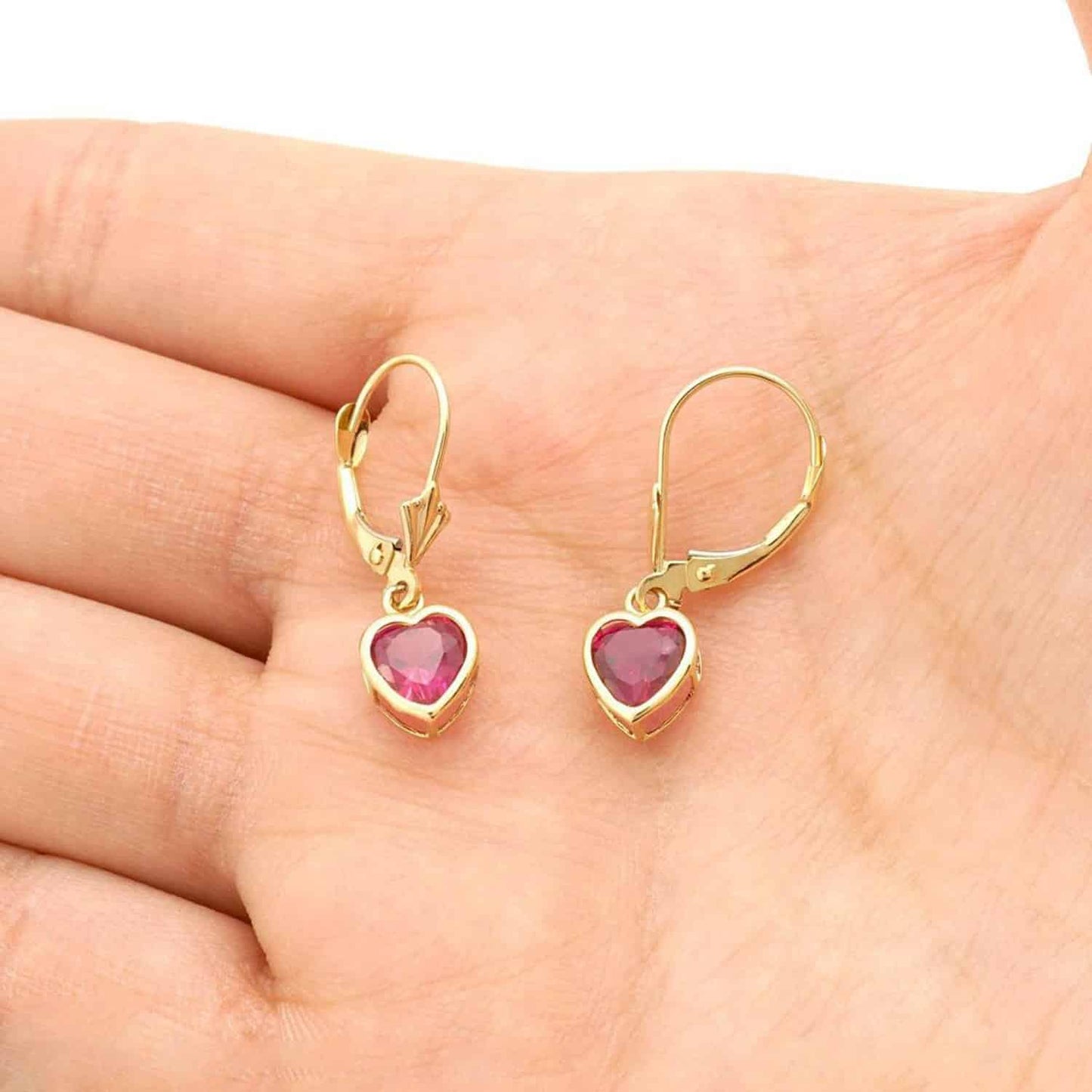 14K Yellow Gold Bezel Set Heart Shaped Birthstone Dangle Leverback Earrings