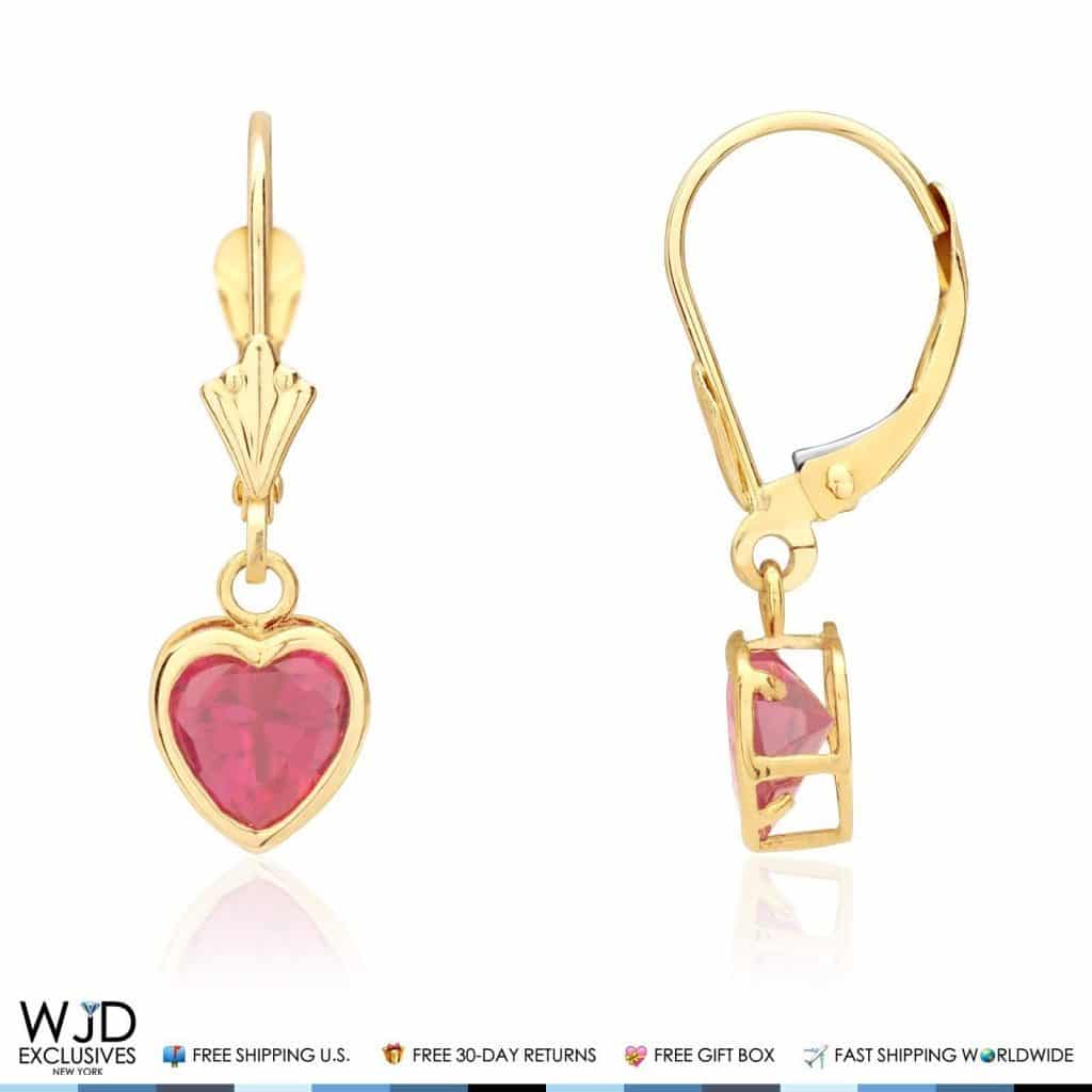 14K Yellow Gold Bezel Set Heart Simulated Ruby Dangle Lever Back Earrings 1"