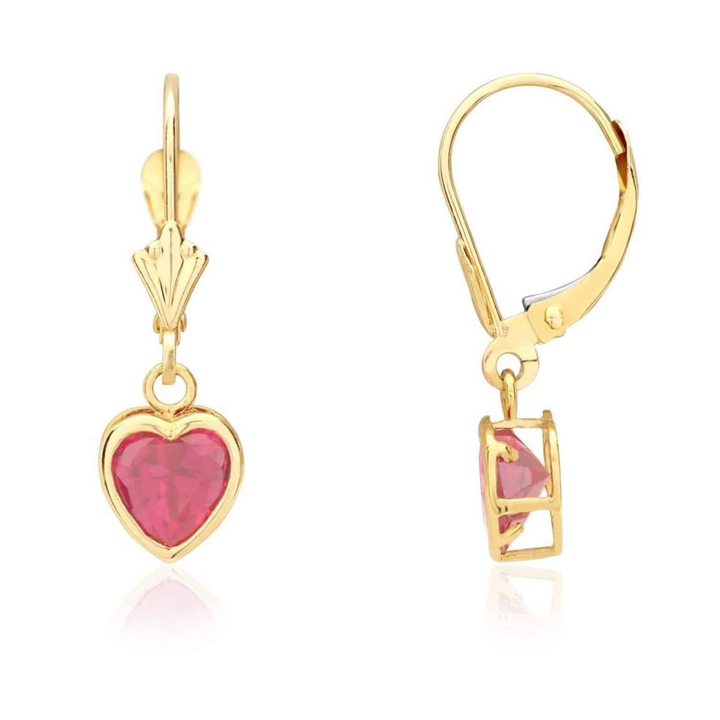 14K Yellow Gold Bezel Set Heart Shaped Birthstone Dangle Leverback Earrings
