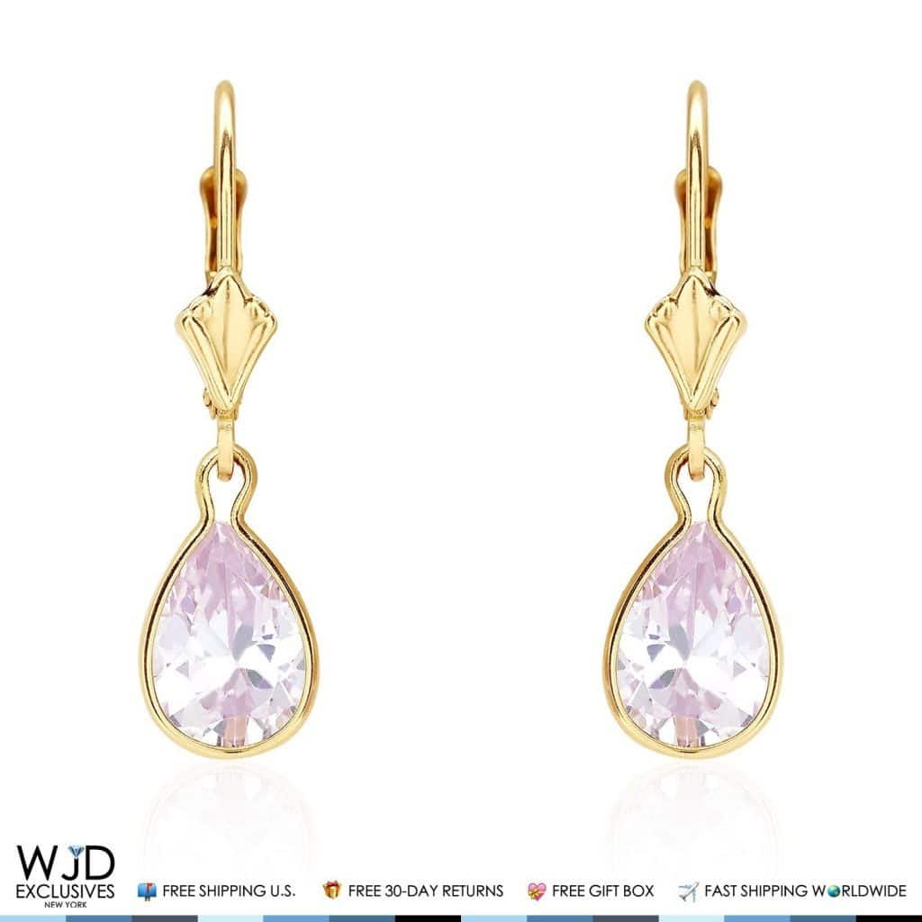 14K Solid Yellow Gold Bezel Set Pear Pink Zircon Leverback Dangle Earrings 1"