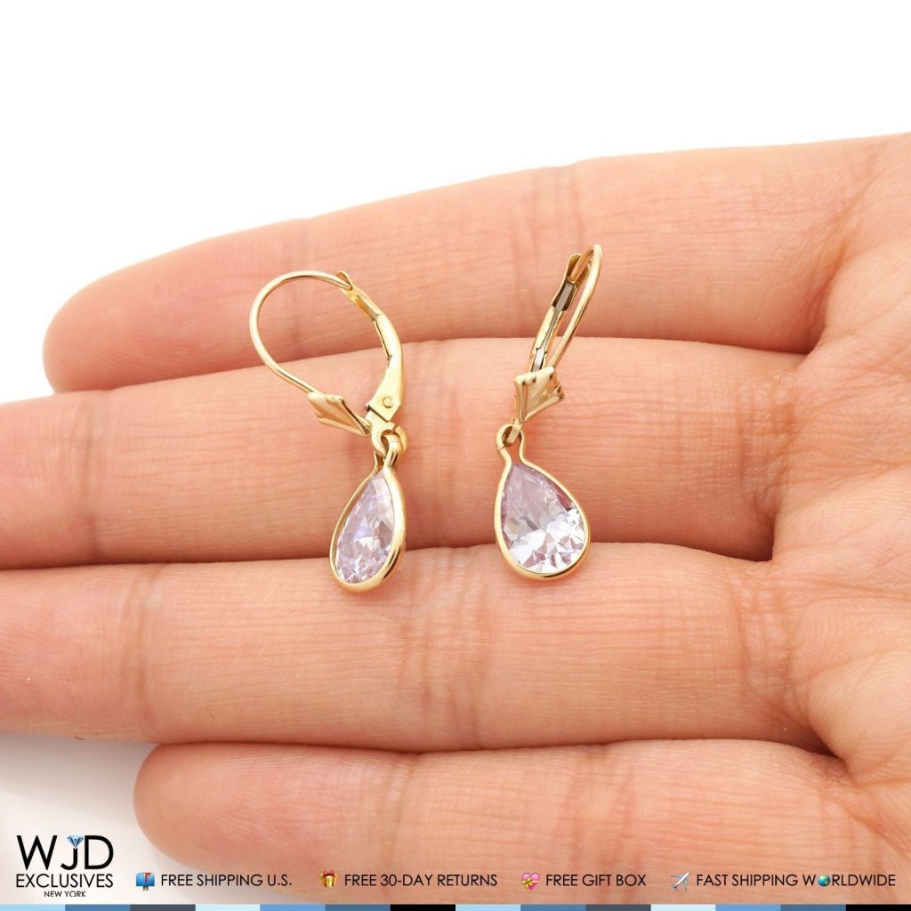 14K Solid Yellow Gold Bezel Set Pear Pink Zircon Leverback Dangle Earrings 1"