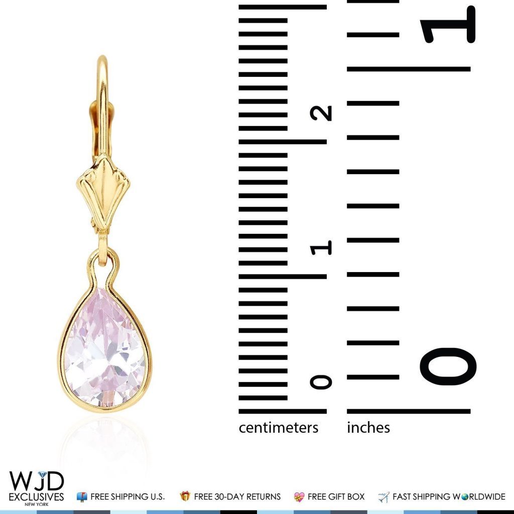 14K Solid Yellow Gold Bezel Set Pear Pink Zircon Leverback Dangle Earrings 1"