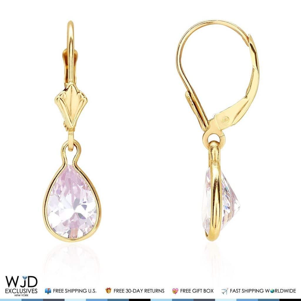 14K Solid Yellow Gold Bezel Set Pear Pink Zircon Leverback Dangle Earrings 1"
