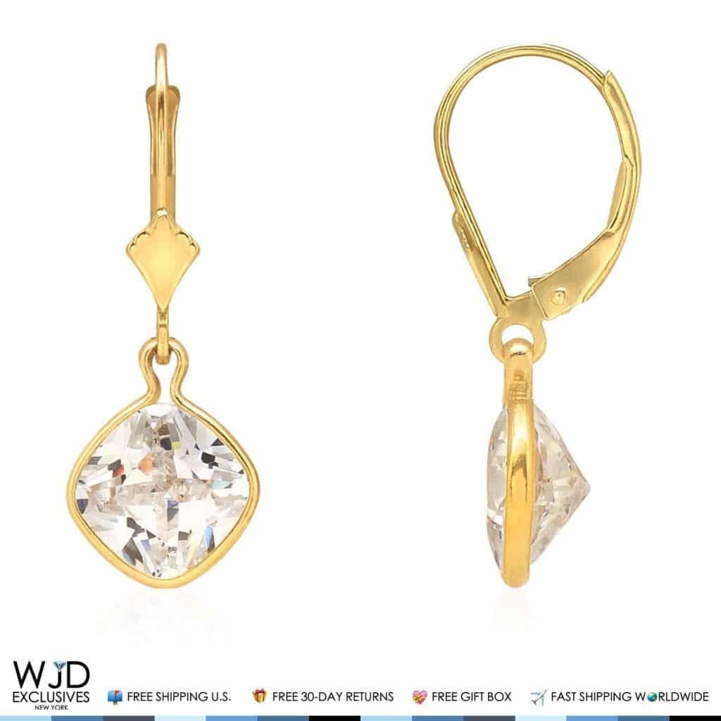 14k Yellow Gold Square Bezel Birthstone Drop Leverback Earrings 1"