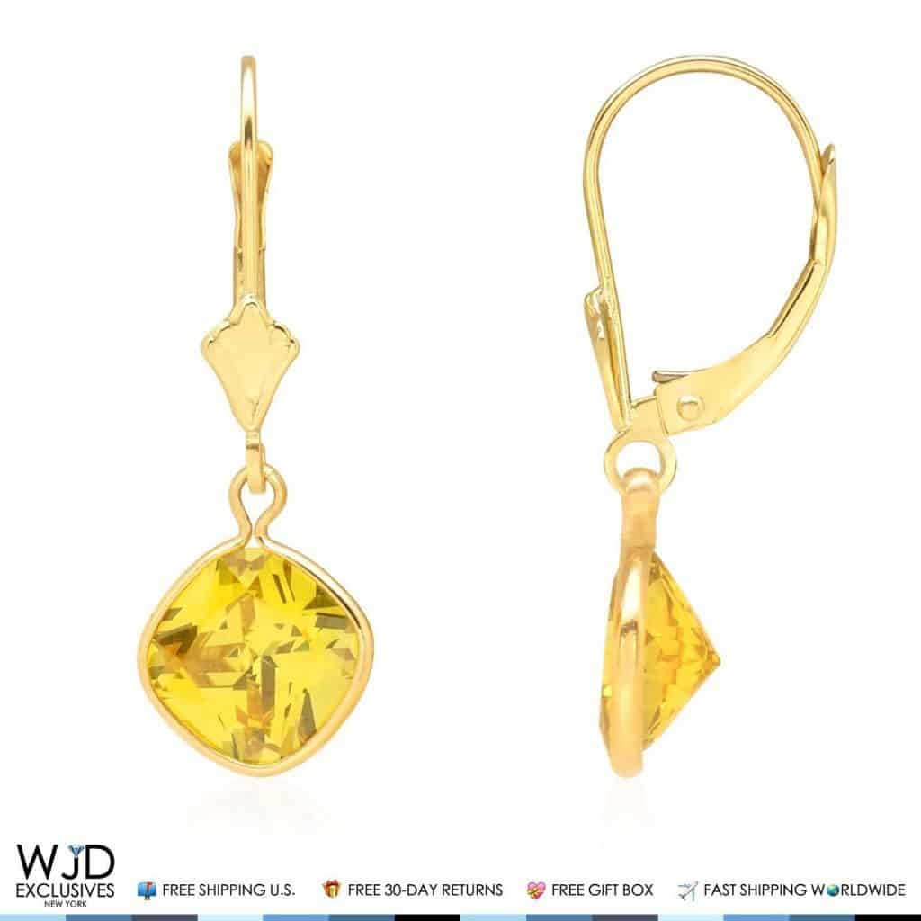 14k Yellow Gold Square Bezel Birthstone Drop Leverback Earrings 1"