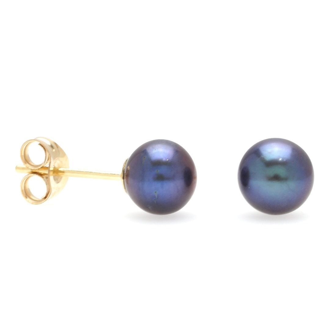 14K Solid Yellow Gold Black Cultured Freshwater Pearl Stud Earrings 6mm