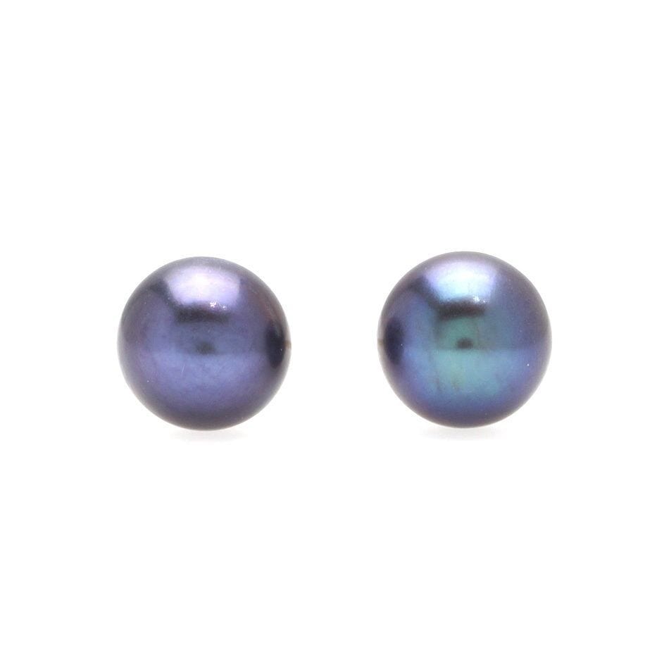 14K Solid Yellow Gold Black Cultured Freshwater Pearl Stud Earrings 6mm