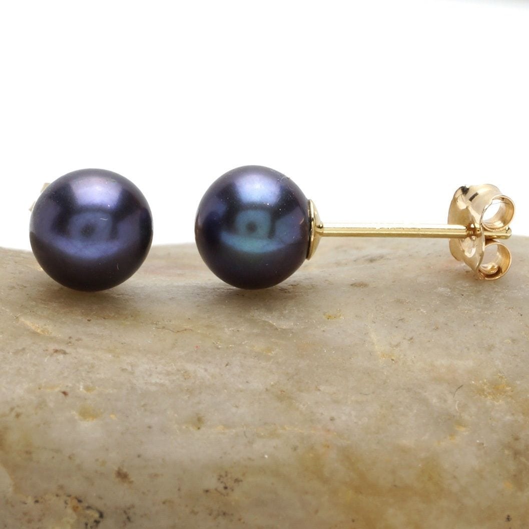 14K Solid Yellow Gold Black Cultured Freshwater Pearl Stud Earrings 6mm