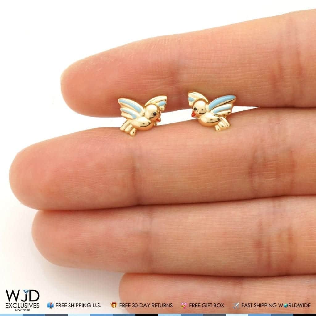 14K Solid Yellow Gold Blue Enamel Baby Bird Screw Back Stud Kids Earrings