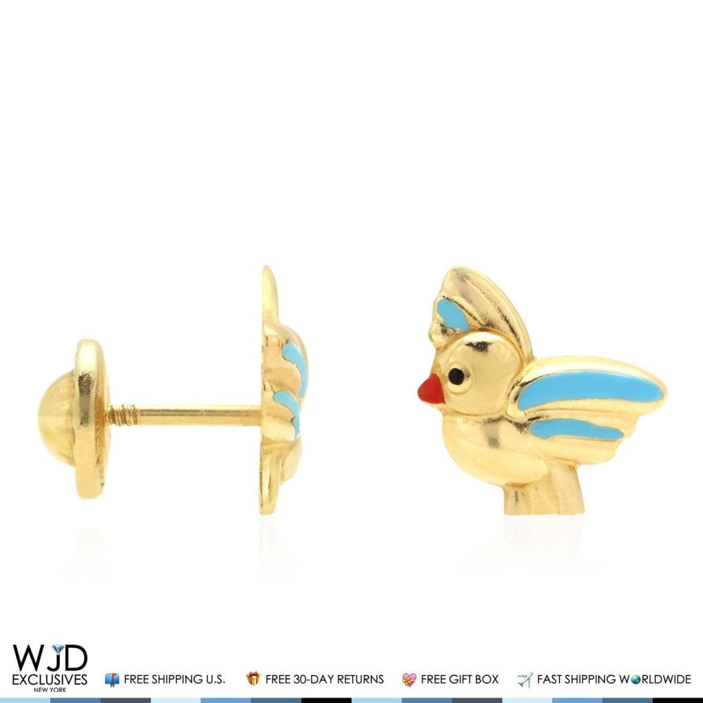 14K Solid Yellow Gold Blue Enamel Baby Bird Screw Back Stud Kids Earrings
