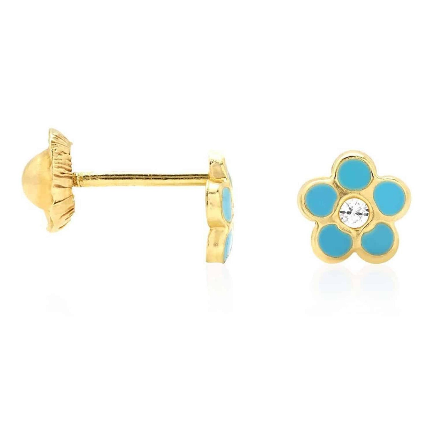 Kid's 14K Gold Red Blue Green Pink Purple Yellow Zircon Flower Stud Earrings